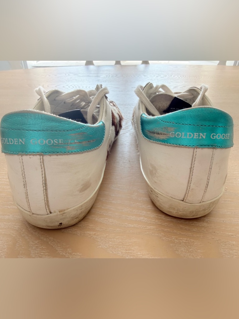 Golden Goose Superstars 39 Cow-Print Sneakers w Pink Glitter Trim and Teal Heel - Picture 3 of 8